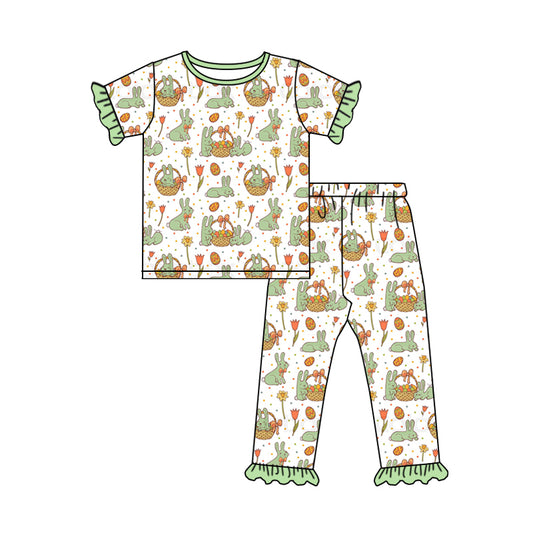 (Custom Design Preorder MOQ 5) Bunny Egg Print Girls Pajamas Clothes Set