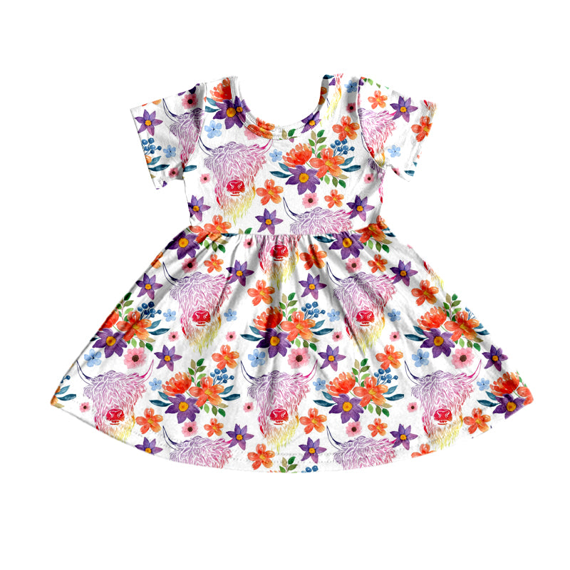 (Custom Design Preorder MOQ 5) Highland Cow Flowers Girls Knee Length Dress