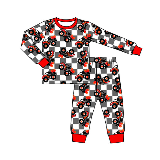 (Custom Design Preorder MOQ 5)Heart Truck Grey Plaid Print Boys Pajamas Valentine's Clothes Set