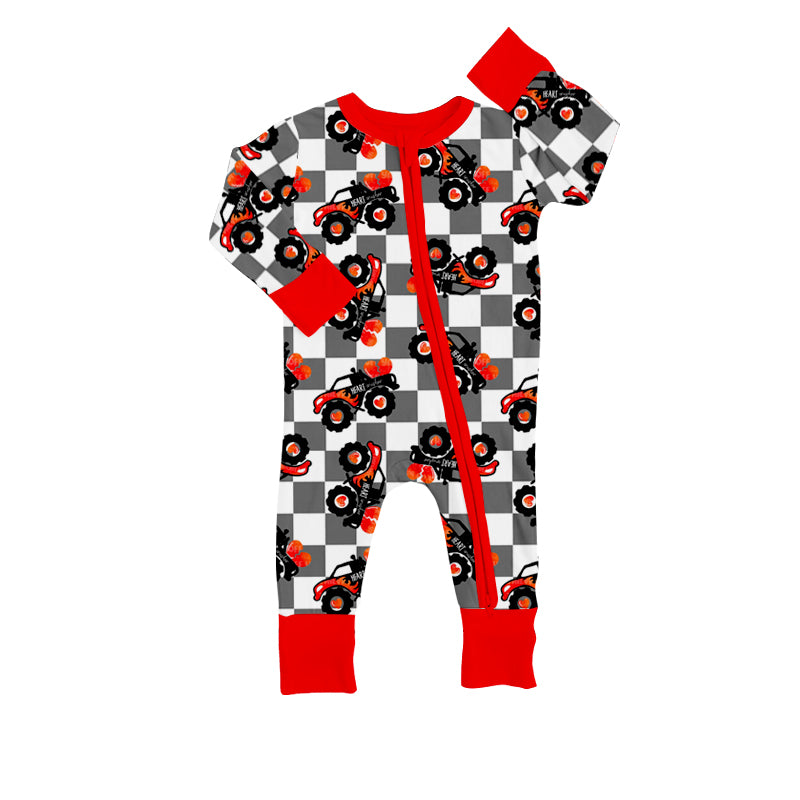 (Custom Design Preorder MOQ 5)Heart Truck Grey Plaid Print Baby Boys Valentine's Sleeper Zipper Romper