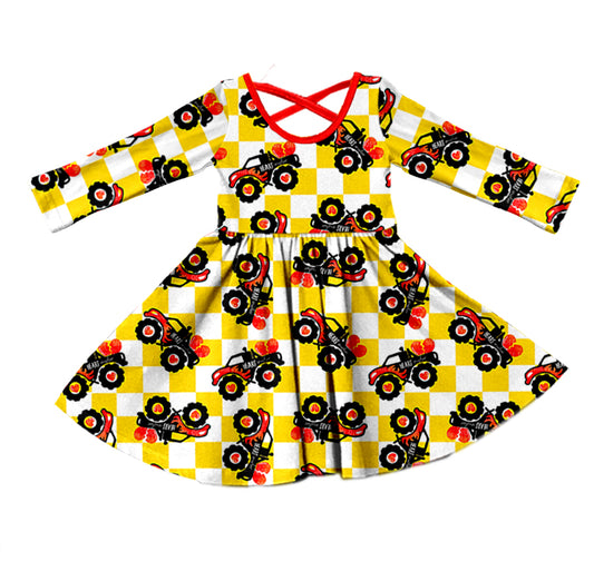 (Custom Design Preorder MOQ 5) Heart Truck Yellow Plaid Print Girls Knee Length Valentine's Dress