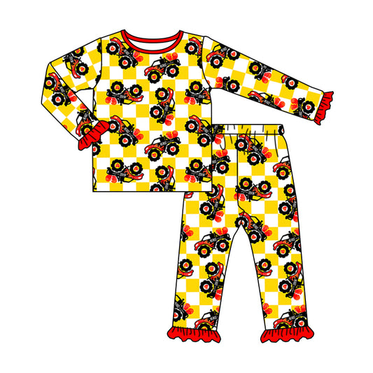 (Custom Design Preorder MOQ 5)Heart Truck Yellow Plaid Print Girls Pajamas Valentine's Clothes Set