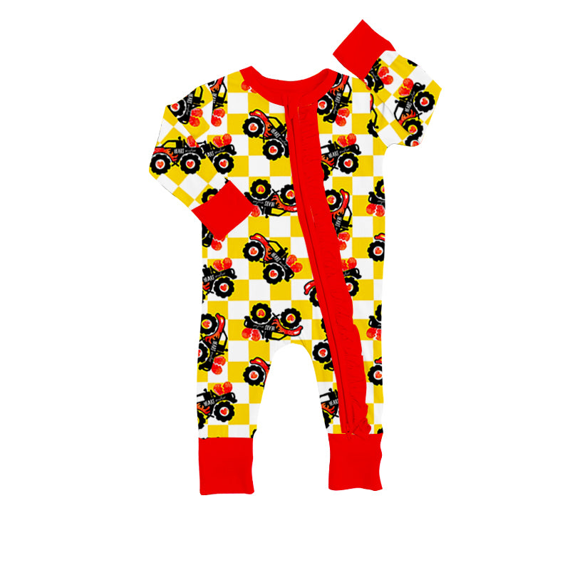 (Custom Design Preorder MOQ 5)Heart Truck Yellow Plaid Print Baby Boys Valentine's Sleeper Zipper Romper