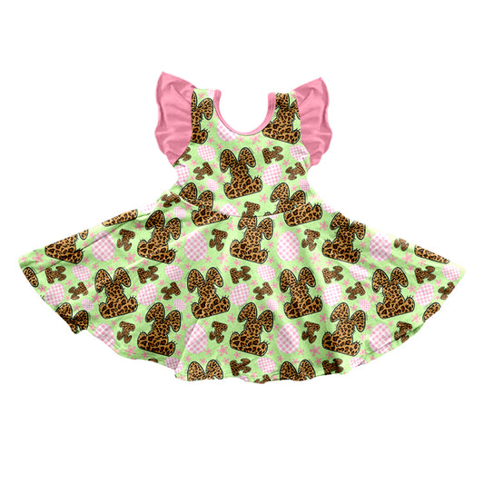 (Custom Design Preorder MOQ 5) Leopard Bunny Print Girls Easter Knee Length Dress