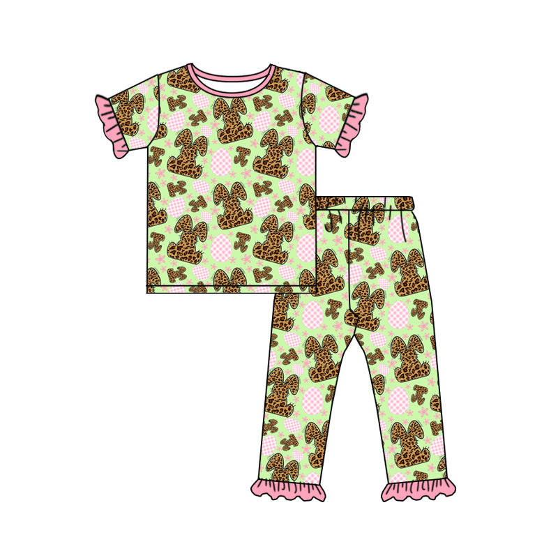 (Custom Design Preorder MOQ 5) Leopard Bunny Print Girls Easter Pajamas Clothes Set