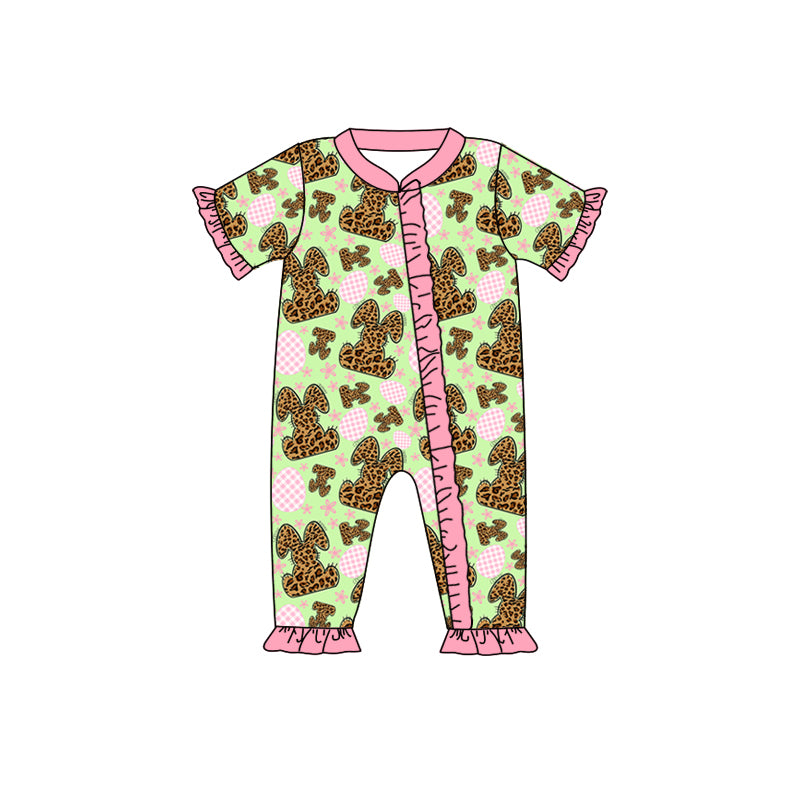 (Custom Design Preorder MOQ 5) Leopard Bunny Print Baby Girls Easter Sleeper Zipper Romper