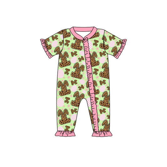 (Custom Design Preorder MOQ 5) Leopard Bunny Print Baby Girls Easter Sleeper Zipper Romper