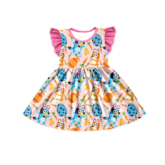 (Custom Design Preorder MOQ 5) Cartoon Dog Egg Carrot Pink Print Girls Easter Knee Length Dress