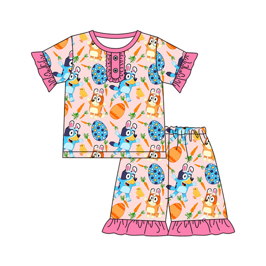 (Custom Design Preorder MOQ 5) Cartoon Dog Egg Carrot Pink Print Girls Easter Shorts Pajamas Clothes Set