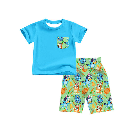 (Custom Design Preorder MOQ 5) Cartoon Dog Egg Carrot Green Print Boys Easter Shorts Clothes Set