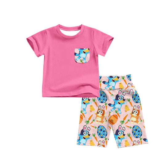 (Custom Design Preorder MOQ 5) Cartoon Dog Egg Carrot Pink Print Girls Easter Shorts Clothes Set