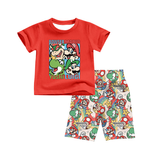 (Custom Design Preorder MOQ 5) Cartoon Games Print Red Top Boys Shorts Clothes Set