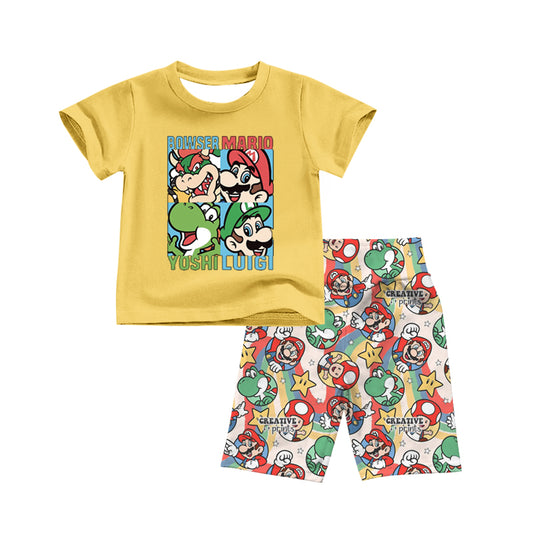 (Custom Design Preorder MOQ 5) Cartoon Games Print Yellow Top Boys Shorts Clothes Set