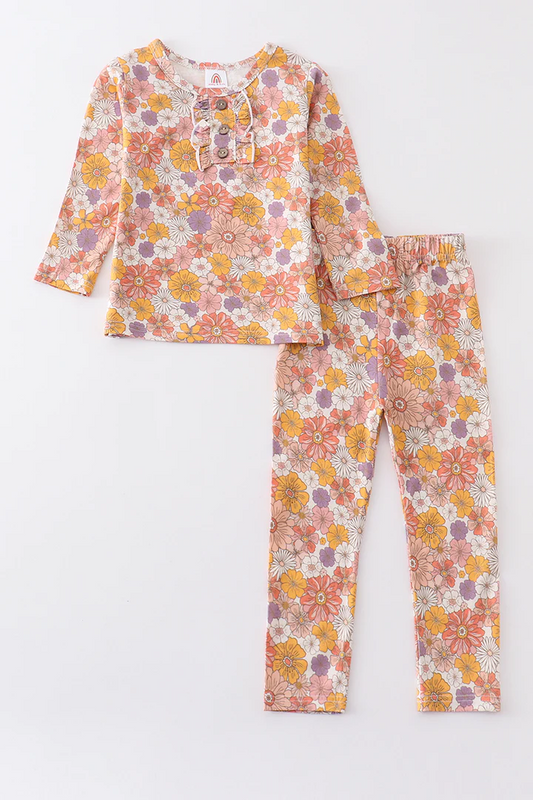 (Custom Design Preorder MOQ 5) NO.1 Mustard Flowers Print Girls Pajamas Clothes Set