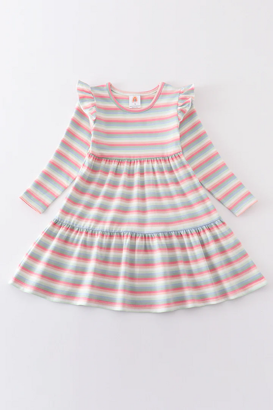 (Custom Design Preorder MOQ 5) Stripes Print Girls Knee Length Dress
