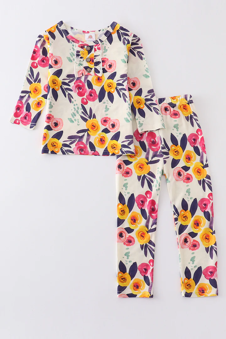 (Custom Design Preorder MOQ 5) NO.3 Mustard Flowers Print Girls Pajamas Clothes Set