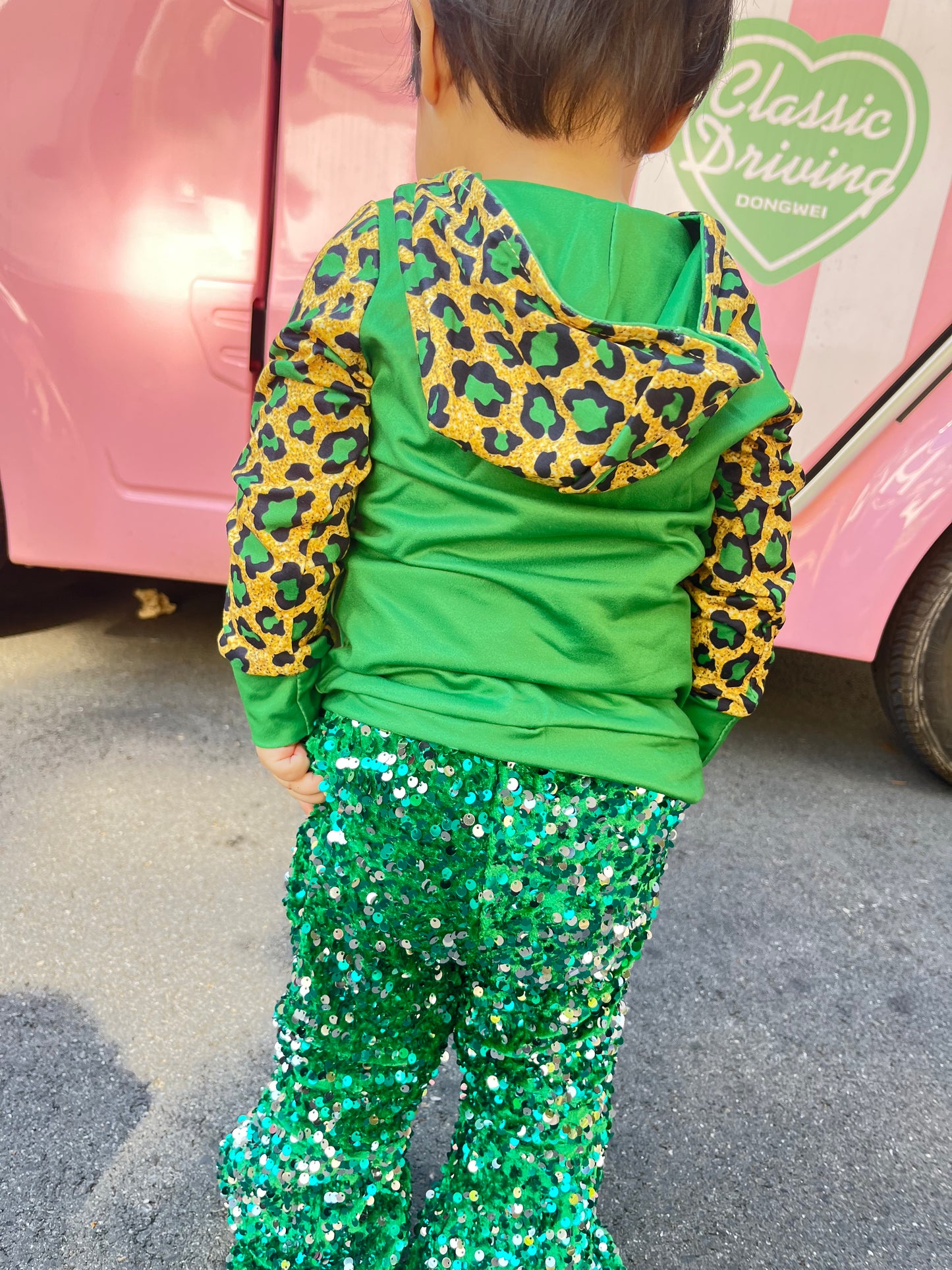 GLP1023 Green Quatrefoil Leopard Hoodie Top Sequin Bell Pants Girls St. Patrick's Clothes Sets
