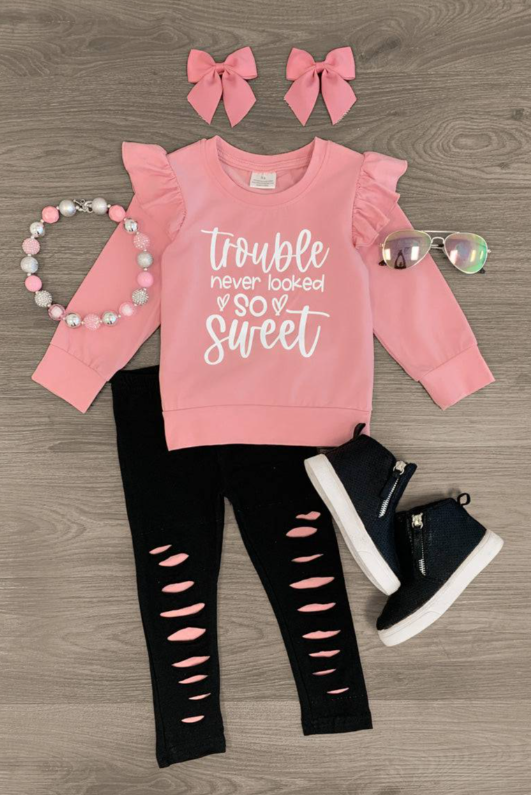 (Custom Design Preorder MOQ 5) Trouble Never Looked So Sweet Top Hole Pants Girls Clothes Set