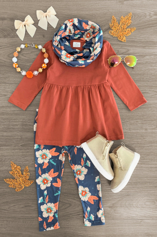 (Custom Design Preorder MOQ 5) Brown Cotton Top Flowers Legging Pants Girls 3 Pieces Clothes Set