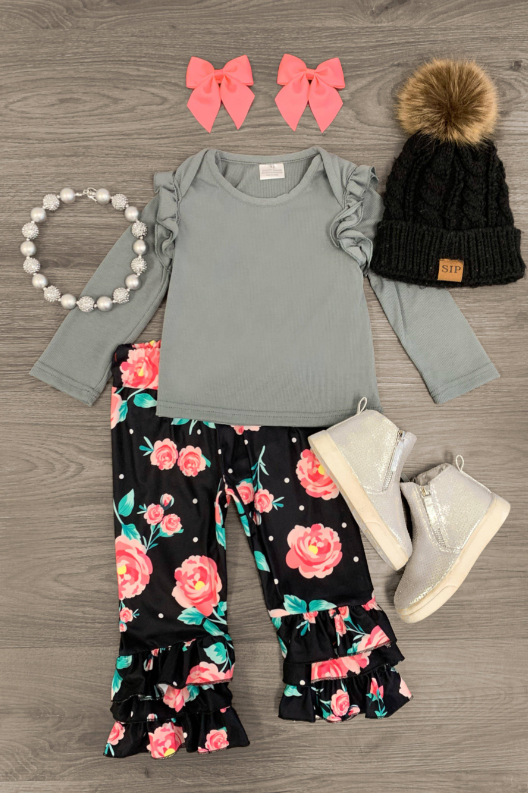 (Custom Design Preorder MOQ 5) Grey Top Flowers Ruffles Pants Girls Clothes Set