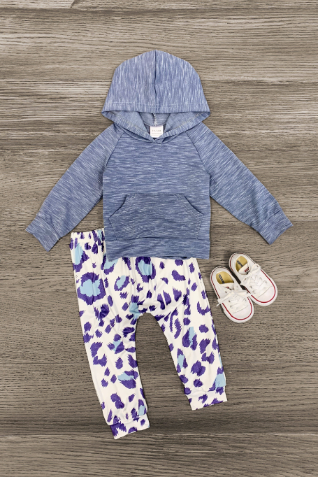 (Custom Design Preorder MOQ 5) Grey Hoodie Top Leopard Pants Girls Clothes Set