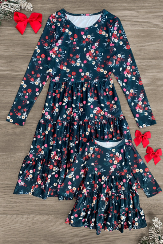 (Custom Design MOQ 5) Adult Navy Flowers Print Woman Knee Length Dress