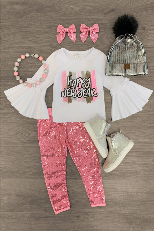 (Custom Design Preorder MOQ 5) Happy New Year Sequin Pants Girls Clothes Set