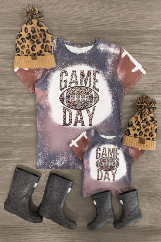 (Custom Design Preorder MOQ 5) Mommy and Me Game Day Football Leopard Print Girls Tee Shirts Top
