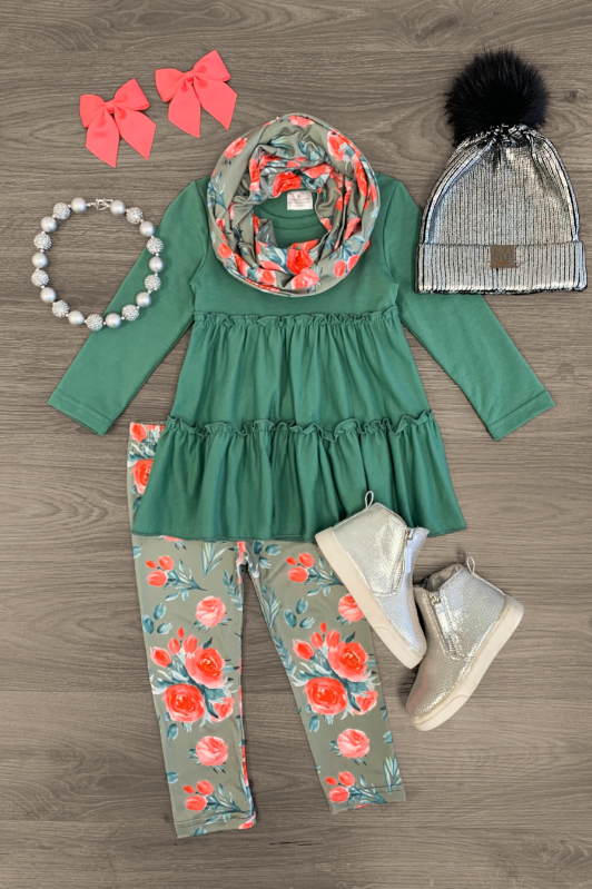 (Custom Design Preorder MOQ 5) Green Cotton Top Flowers Legging Pants Girls 3 Pieces Clothes Set
