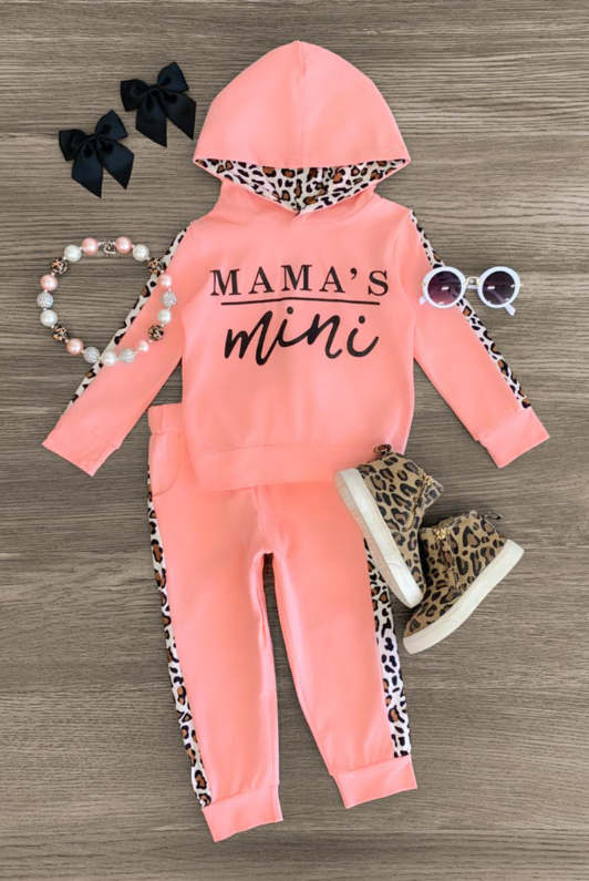 (Custom Design Preorder MOQ 5) Mama's Mini Pink Hoodie Top Leopard Girls Clothes Set