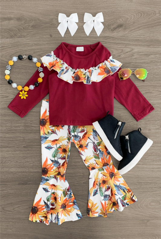 (Custom Design Preorder MOQ 5) Wine Ruffle Top Sunflowers Bell Pants Girls Clothes Set