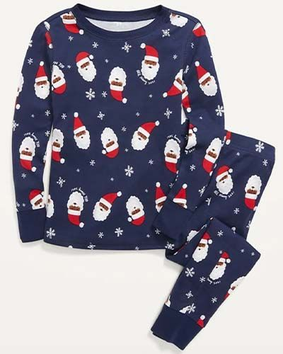 (Custom Design Preorder MOQ 5) Navy Santa Print Girls Christmas Pajamas Clothes Set