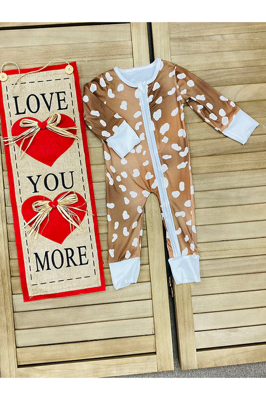 (Custom Design Preorder MOQ 5) Brown Dots Print Baby Kids Sleeper Zipper Romper