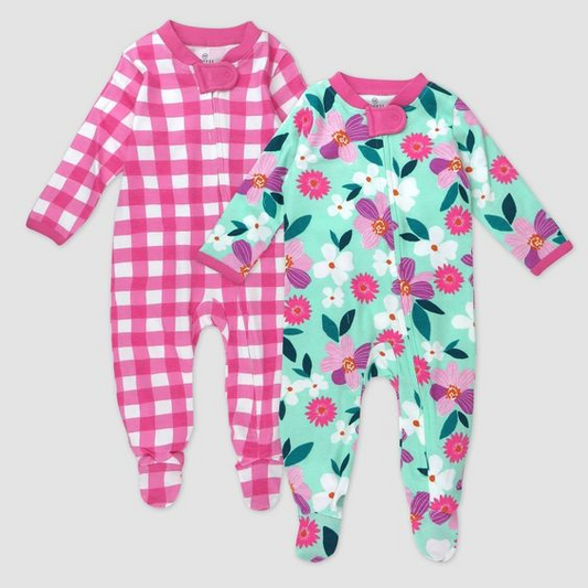 (Custom Design Preorder MOQ 5) Hot Pink Plaid Print Baby Girls Sleeper Zipper Footed Romper