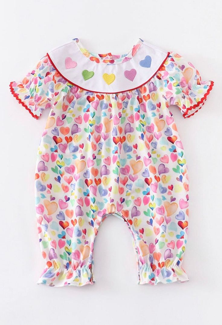 (Custom Design Preorder MOQ 5) Colorful Heart Print Baby Girls Valentine's Romper