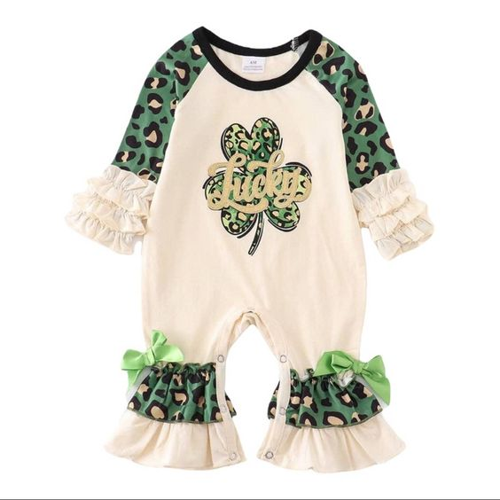 (Custom Design Preorder MOQ 5) Lucky Green Quatrefoil Leopard Print Baby Girls St. Patrick's Romper