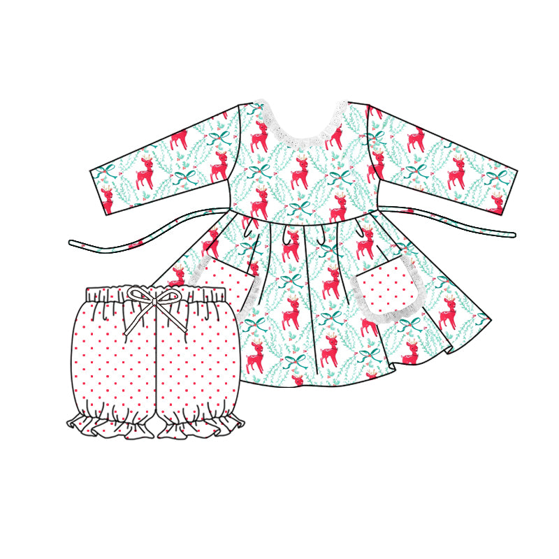 (Custom Design Preorder MOQ 5) Deer Print Girls Christmas Clothes Set