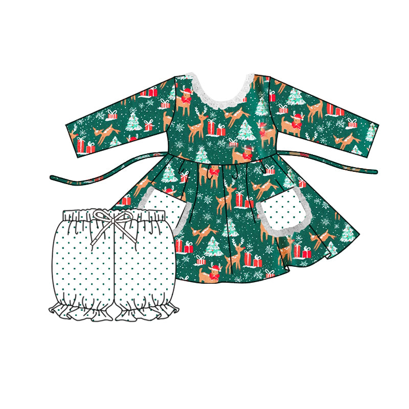 (Custom Design Preorder MOQ 5) Green Deer Print Girls Christmas Clothes Set