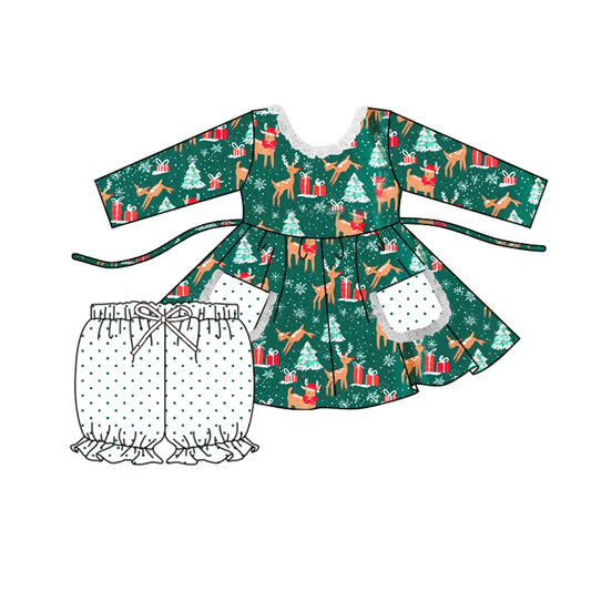 (Custom Design Preorder MOQ 5) Green Deer Print Girls Christmas Clothes Set