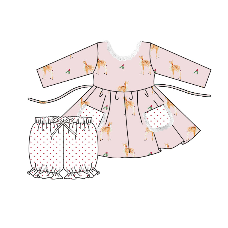 (Custom Design Preorder MOQ 5) Pink Deer Print Girls Christmas Clothes Set