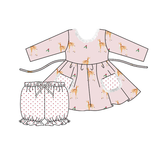 (Custom Design Preorder MOQ 5) Pink Deer Print Girls Christmas Clothes Set