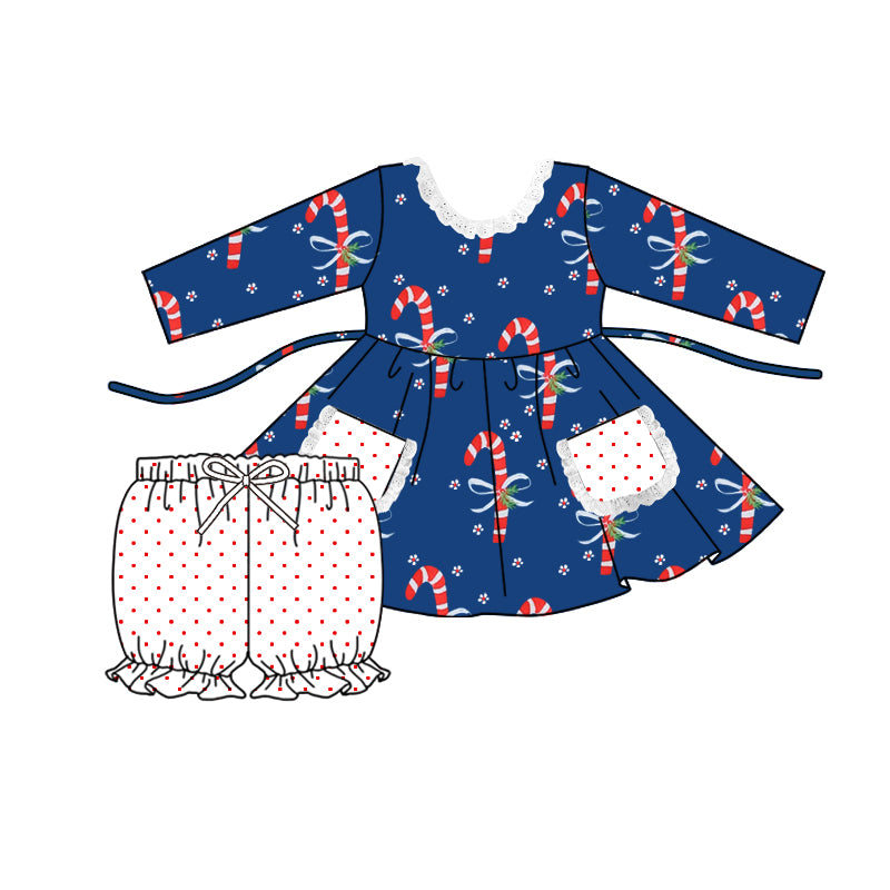 (Custom Design Preorder MOQ 5) Blue Candy Cane Print Girls Christmas Clothes Set