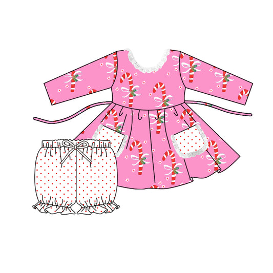 (Custom Design Preorder MOQ 5) Pink Candy Cane Print Girls Christmas Clothes Set