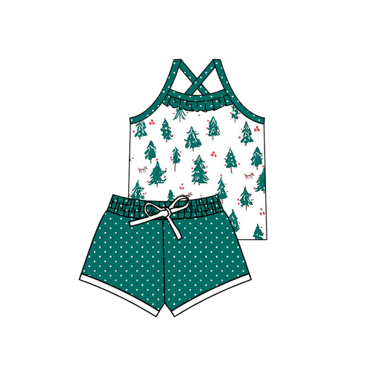 (Custom Design Preorder MOQ 5) Christmas Tree Green Dots Shorts Girls Clothes Set