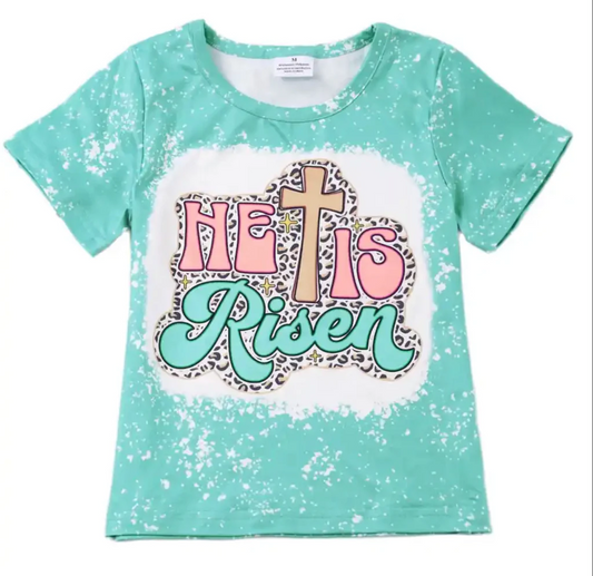 (Custom Design Preorder MOQ 5) He Is Risen Cross Print Kids Easter Tee Shirts Top