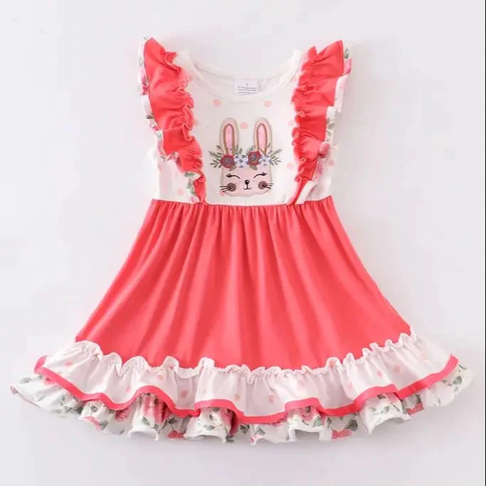 (Custom Design Preorder MOQ 5)  Bunny Flowers Print Ruffles Girls Knee Length Easter Dress