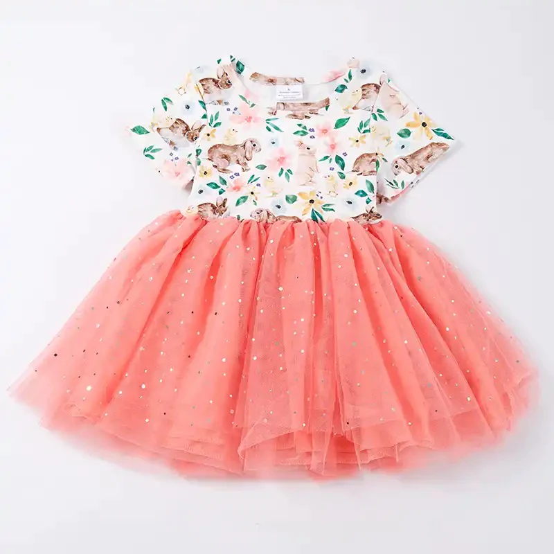 (Custom Design Preorder MOQ 5)  Bunny Flowers Print Girls Knee Length Tulle Easter Dress