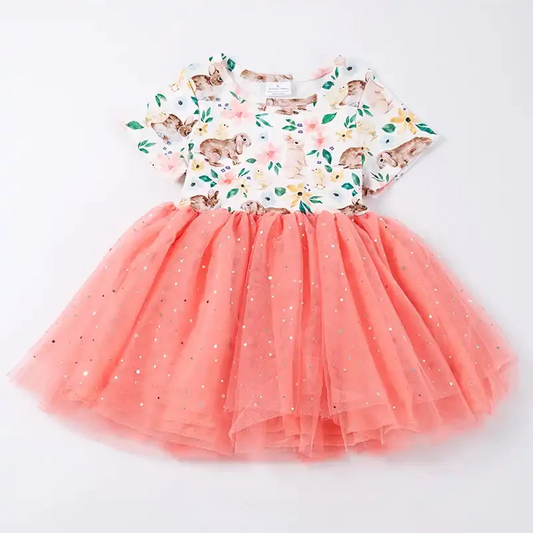 (Custom Design Preorder MOQ 5)  Bunny Flowers Print Girls Knee Length Tulle Easter Dress