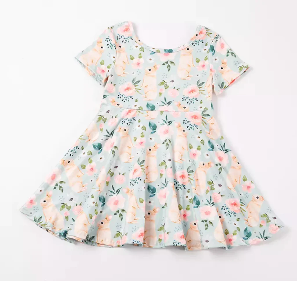 (Custom Design Preorder MOQ 5)  Bunny Flowers Print Girls Knee Length Easter Dress