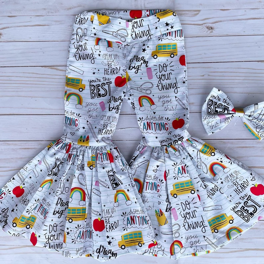 (Custom Design Preorder MOQ 5) Rainbow School Bus Print Girls Bakc To School Bell Bottom Pants